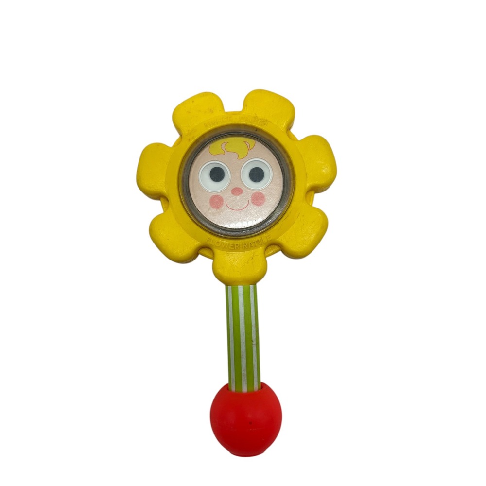 Vintage 1972 Fisher Price Flower Rattle 424‎ Yellow Face Mirror Googly Eyes Toy